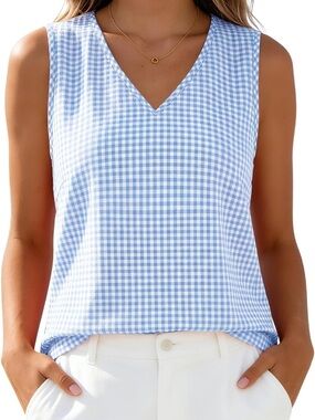 Sleeveless V-Neck Gingham Top - Blue